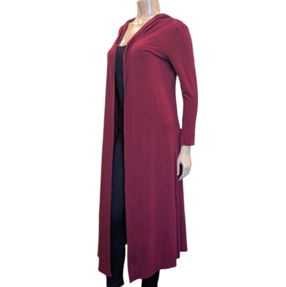 Isaac Liev Long Hooded Cardigan Duster Burgundy Flowy Draped Red Riding Hood